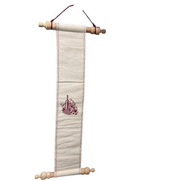 Wine-Themed Embroidered Scroll Wall Hanging With Wooden Rods & Red Cord - Picture 6 of 9